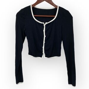 Commense Button Front Crop Top Womens Sz Small Black White Trim Long Sleeve Knit